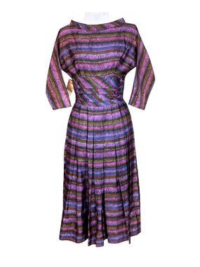 Jonathan Logan VTG 1950s Striped Pleated Taffeta 3/4 Sleeve MCM Dress XS/S